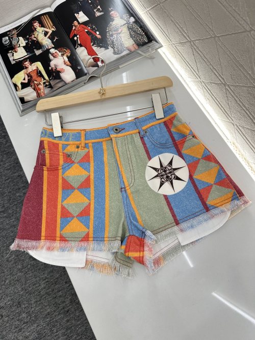 Loewe Multicolor Tribal Pattern Denim Shorts Fringe Hem High Street Casual 1 Loewe Multicolor Tribal Pattern Denim Shorts Fringe Hem High Street Casual
