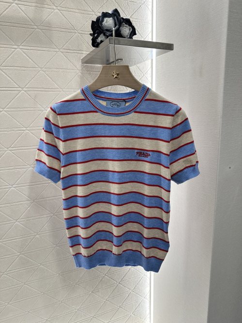 Prada Striped Silk-Blend Knit Top - Retro Style, Slim Fit, Summer Essential 1 Prada Striped Silk-Blend Knit Top - Retro Style, Slim Fit, Summer Essential