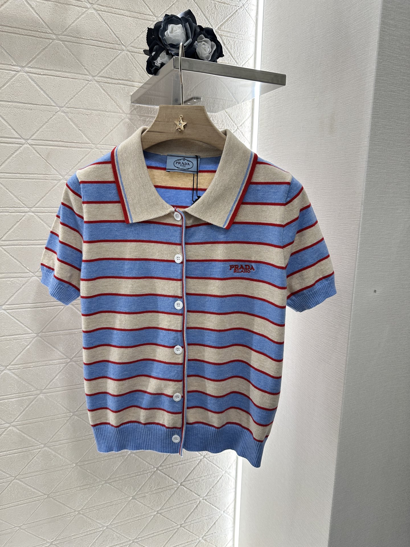 Prada Striped Knit Short Sleeve Cardigan - Soft Silk Wool Blend Top