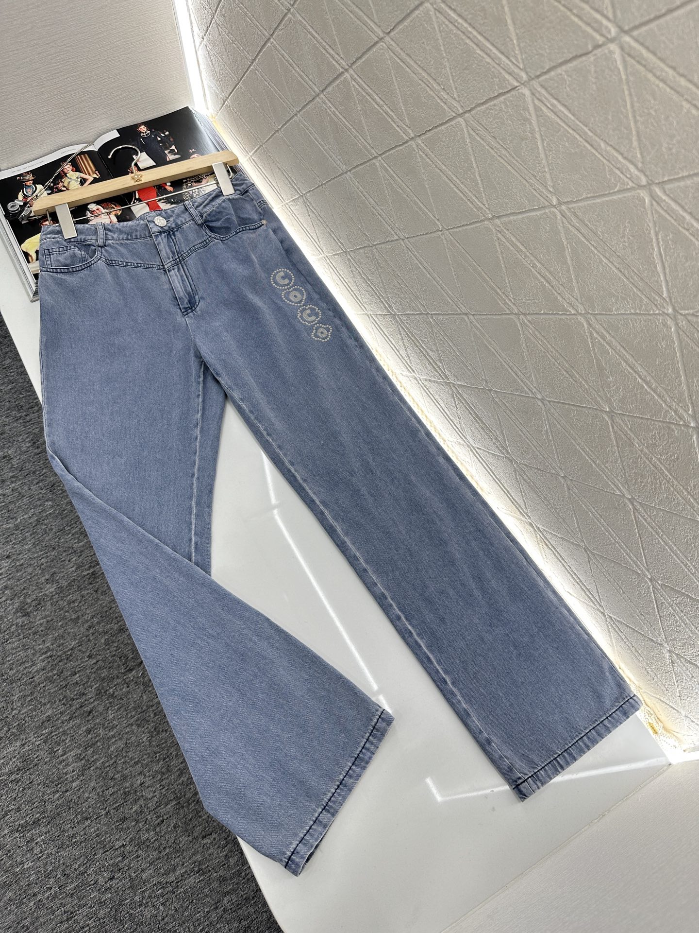 Chanel 2025 High-Waisted Straight-Leg Jeans with Coco Logo Embroidery