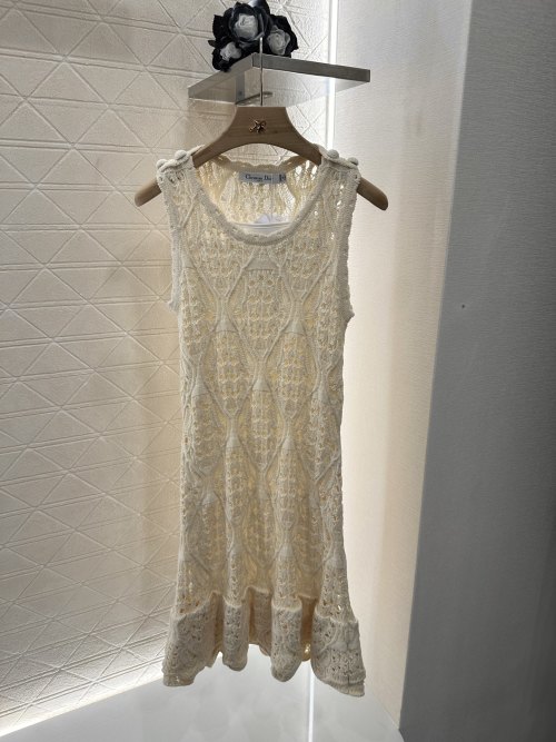 Dior Sleeveless Crochet Mini Dress with Silk Slip, White, Elegant Design 1 Dior Sleeveless Crochet Mini Dress with Silk Slip, White, Elegant Design