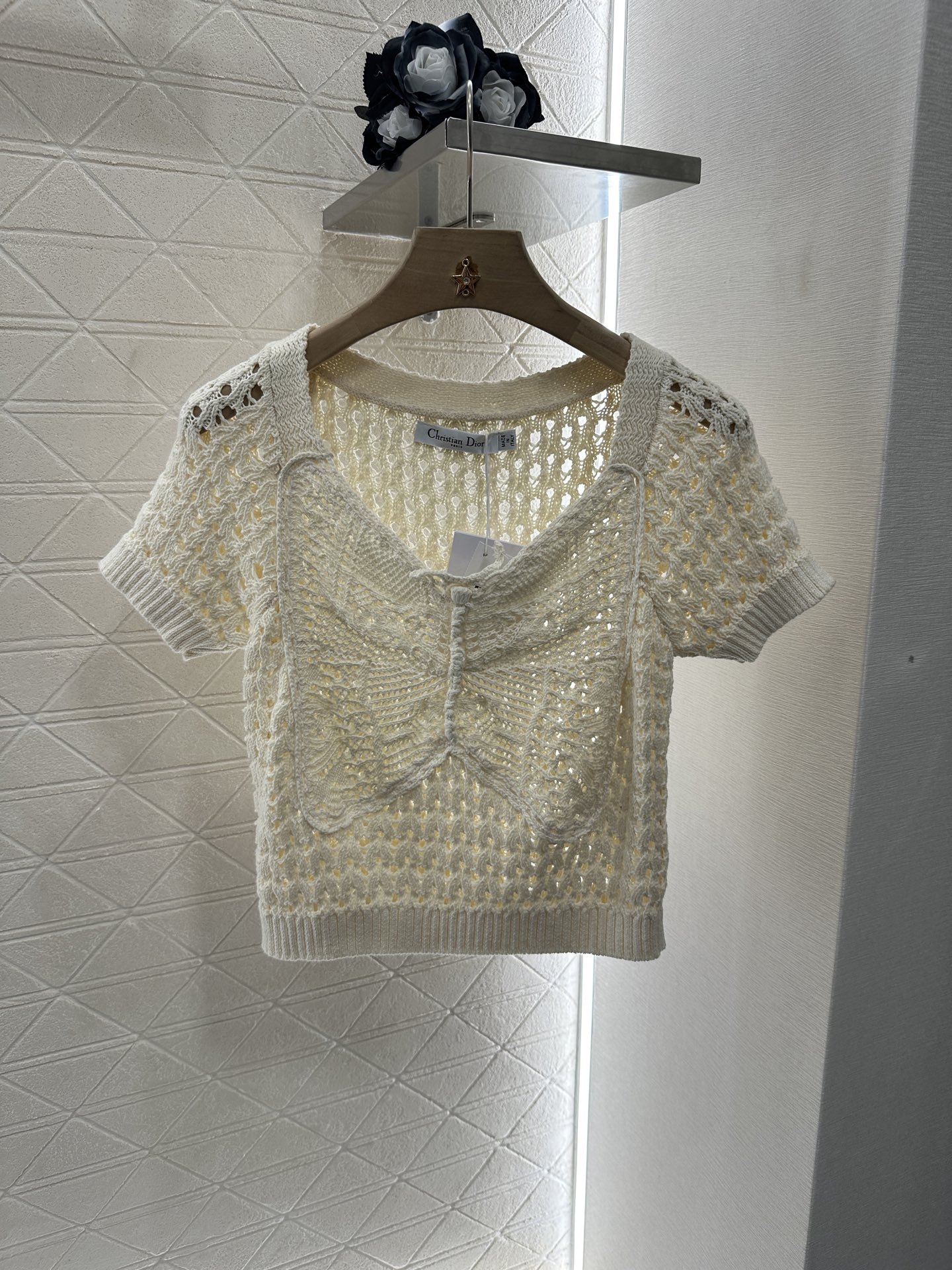 Dior Crochet Knit Top, Heart Neckline, Short Sleeve, Elegant Design