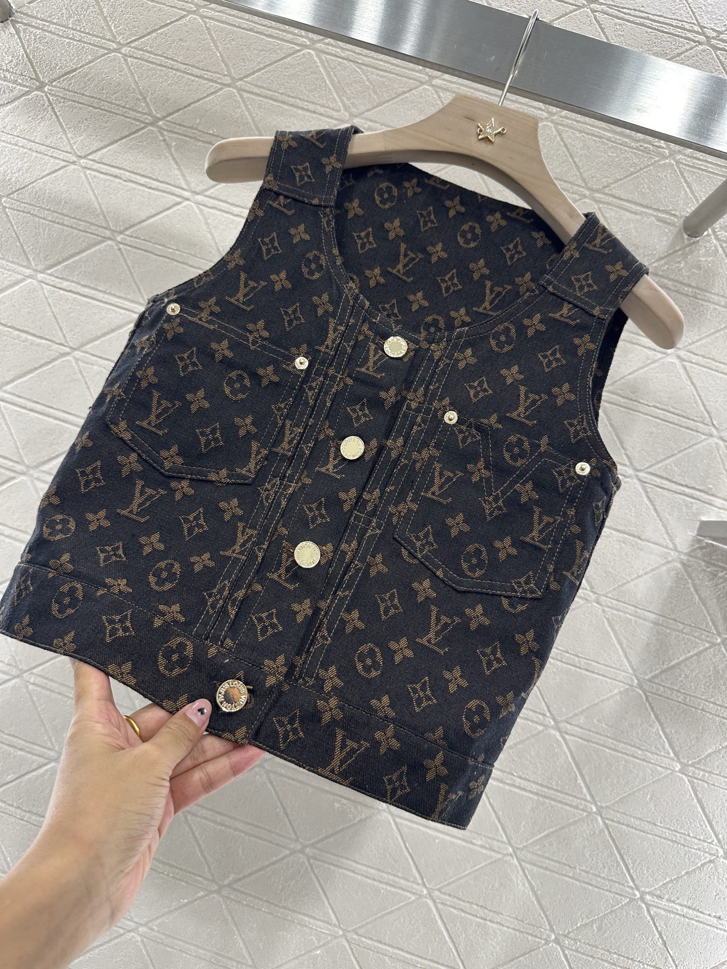 Louis Vuitton Jacquard Denim Vest, Sleeveless Button-Down Top with Monogram Design 5 i1746732698918 5547 0 5