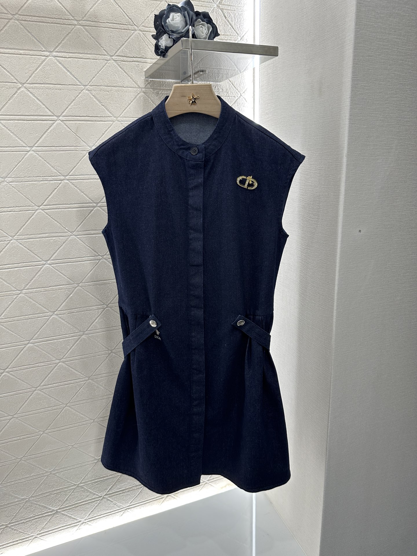 Dior Sleeveless Denim Mini Dress with Brooch Embellishment and Button Detail