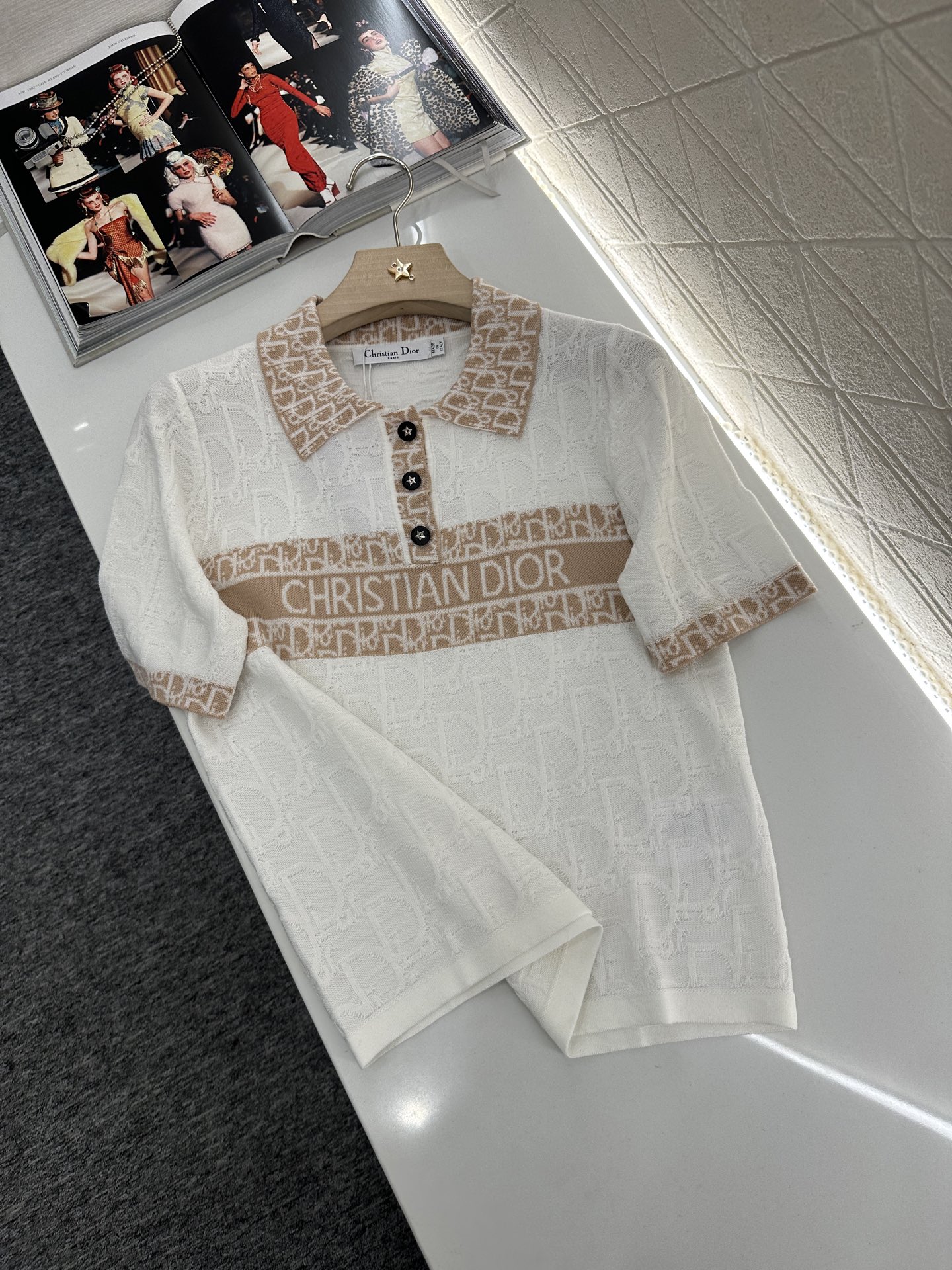 Dior Women's White Cotton Blend Knit Polo Shirt with Logo Jacquard