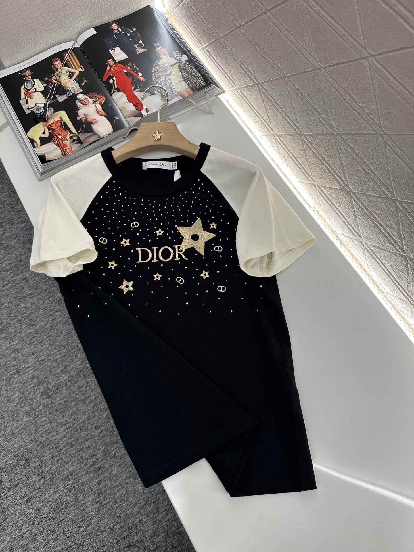 Dior Women's Black Cotton T-Shirt with Star Embroidery and Rhinestone 3 i1746812647818 3705 0 8
