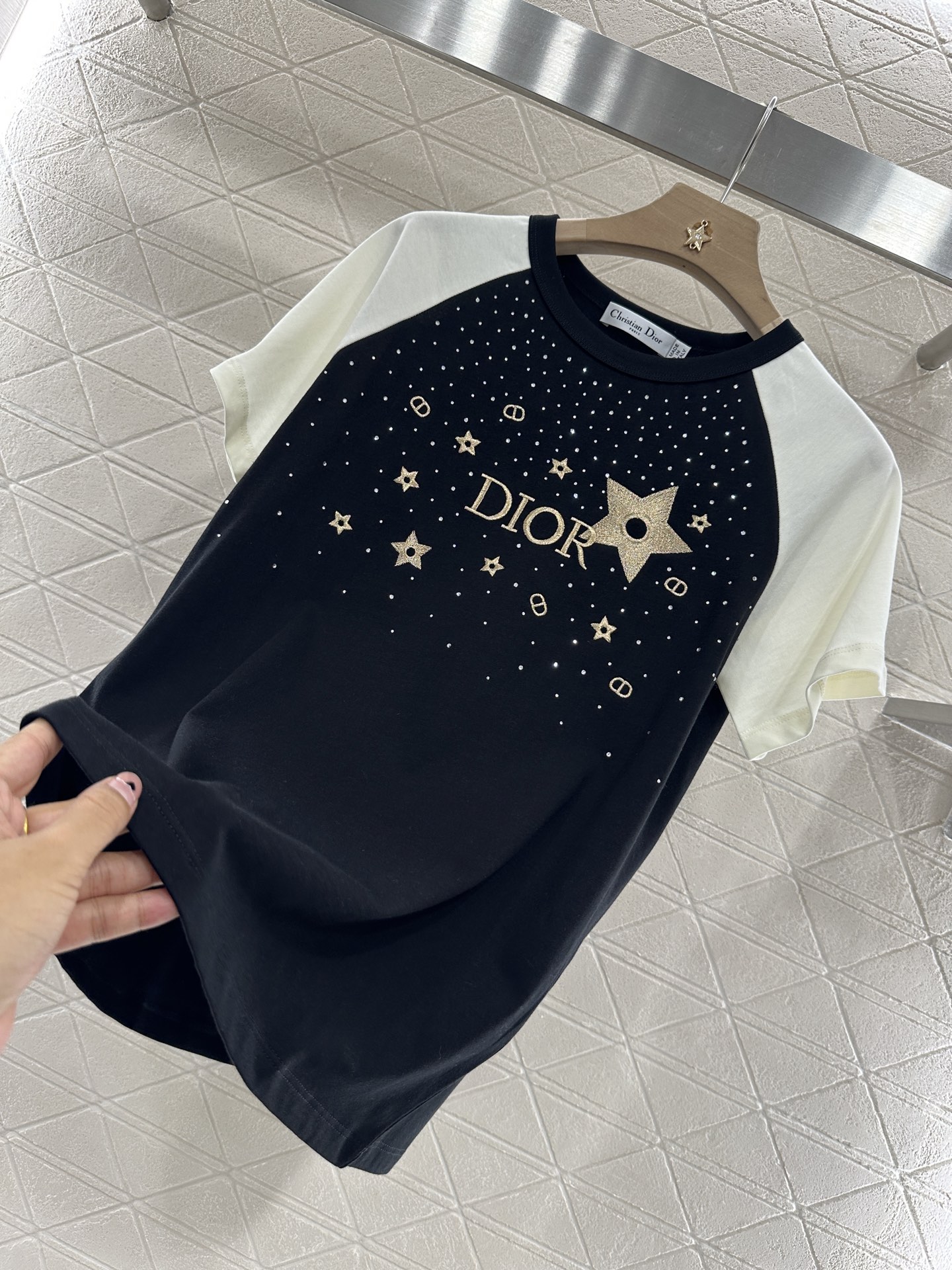 Dior Women's Black Cotton T-Shirt with Star Embroidery and Rhinestone 6 i1746812647835 8814 0 4