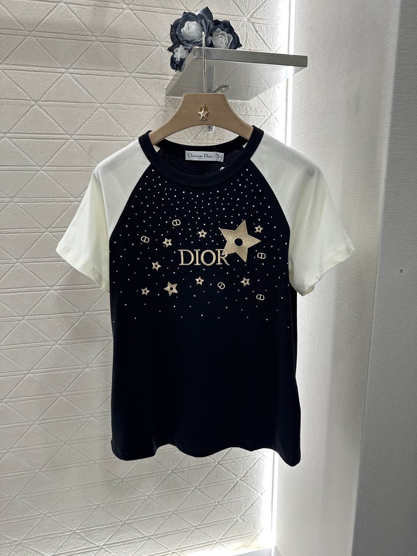 Dior Women's Black Cotton T-Shirt with Star Embroidery and Rhinestone 1 i1746812647911 1537 0 0
