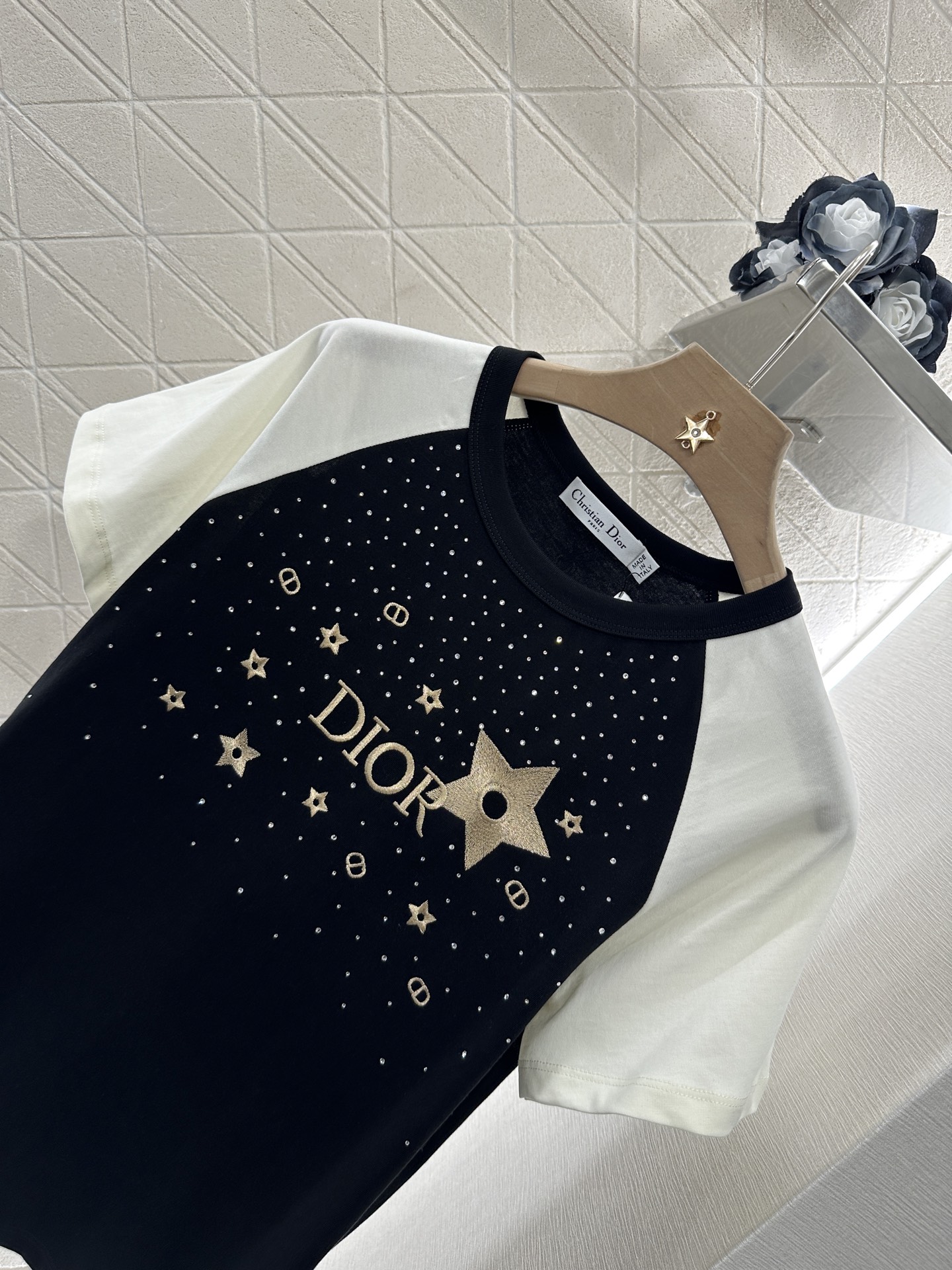 Dior Women's Black Cotton T-Shirt with Star Embroidery and Rhinestone 4 i1746812649030 4898 0 2
