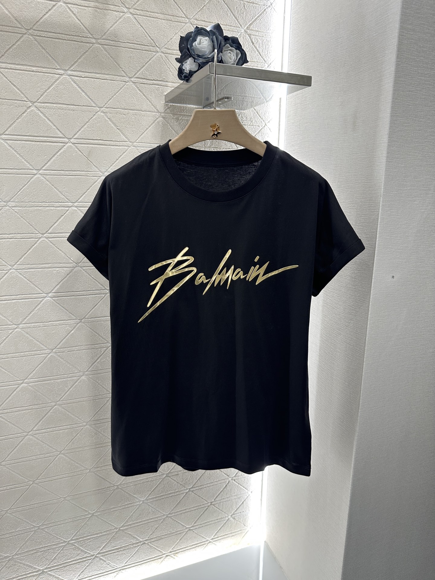 Balmain Women's Black Cotton T-Shirt with Gold Logo, Short Sleeve, Crew Neck