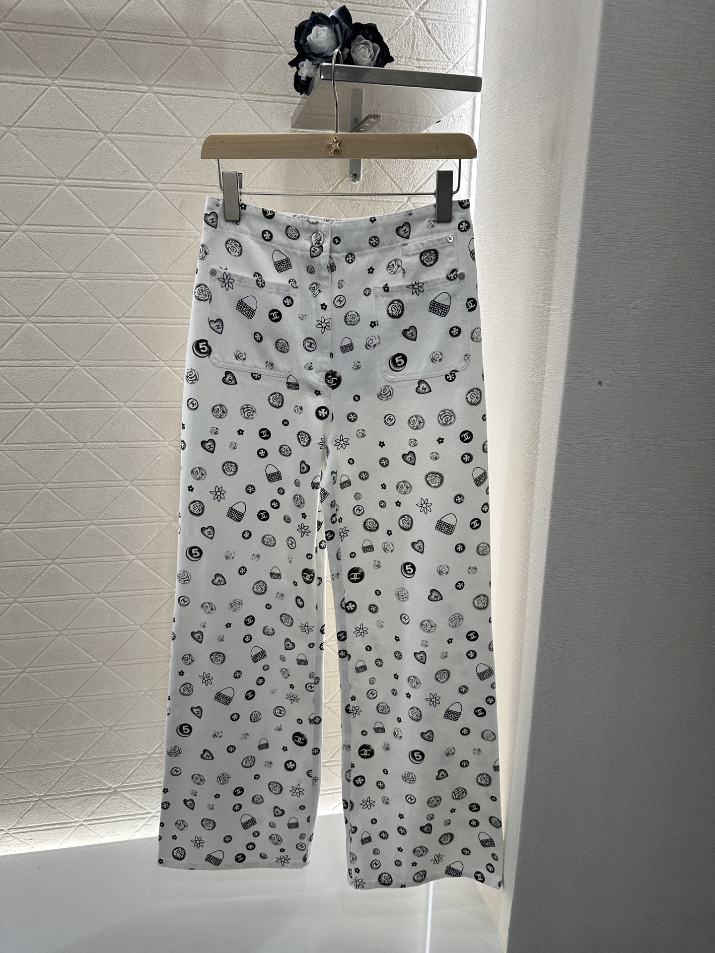 Chanel Printed High-Waisted Straight-Leg Jeans with Classic Embellishments