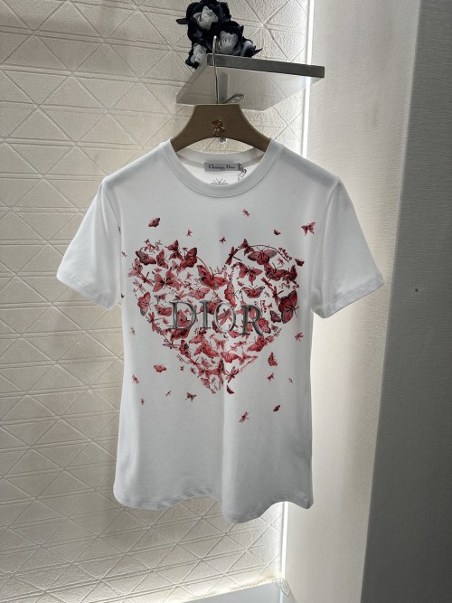 Dior Women's White Cotton T-Shirt with Butterfly Heart Print 1 Dior Women's White Cotton T-Shirt with Butterfly Heart Print