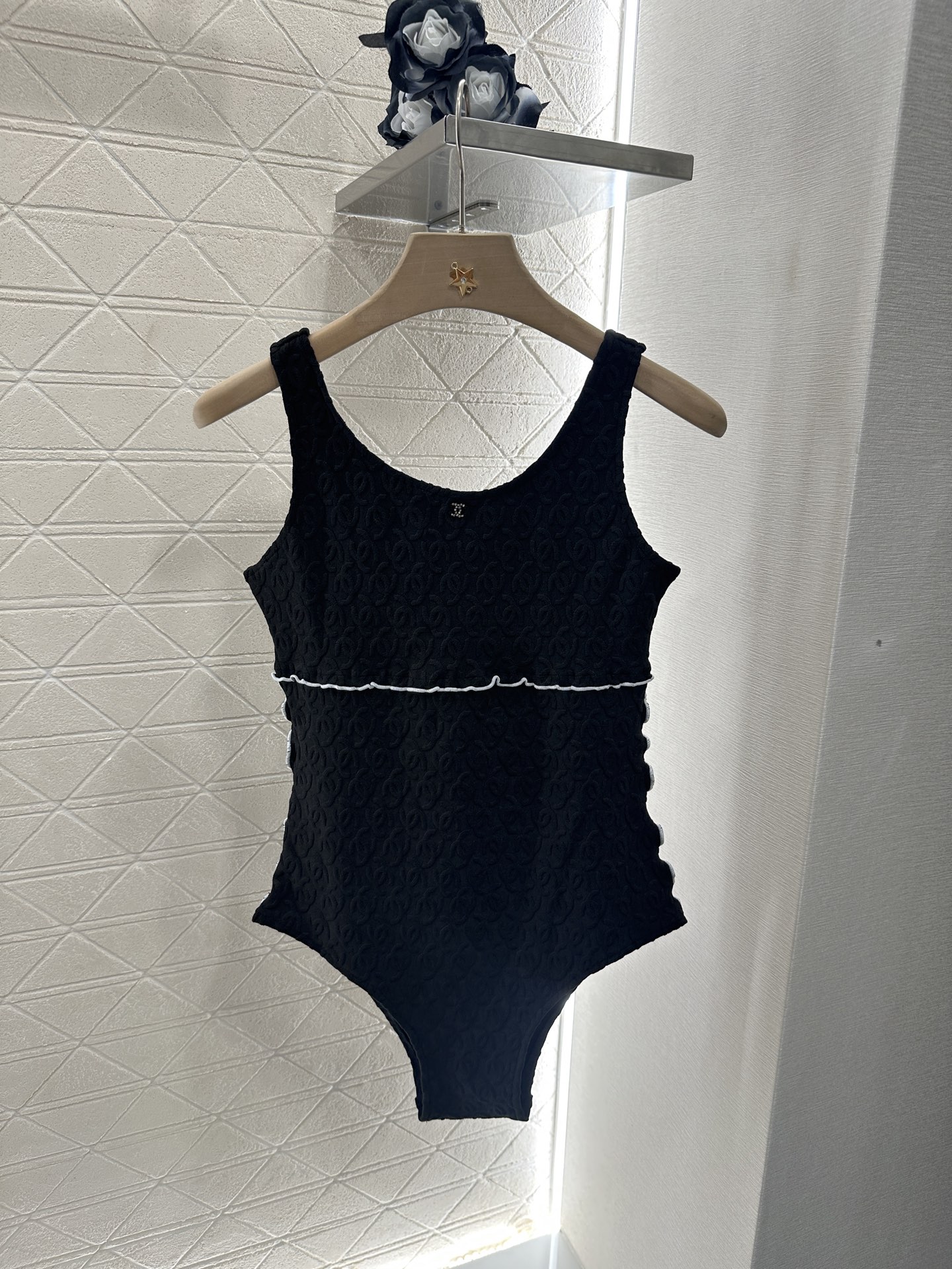 Chanel Women's Black Jacquard Swimsuit with White Trim, Sizes 36-40