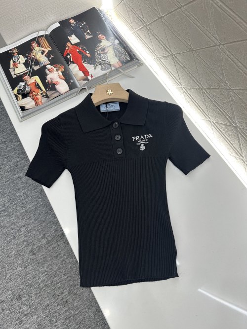 Prada Women's Slim-Fit Ribbed Knit Polo Shirt - Short Sleeve, Embroidered Logo 1 Prada Women's Slim-Fit Ribbed Knit Polo Shirt - Short Sleeve, Embroidered Logo