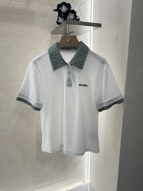 Miu Miu Women's White Polo Shirt with Green Plaid Collar and Cuffs 1 Miu Miu Women's White Polo Shirt with Green Plaid Collar and Cuffs