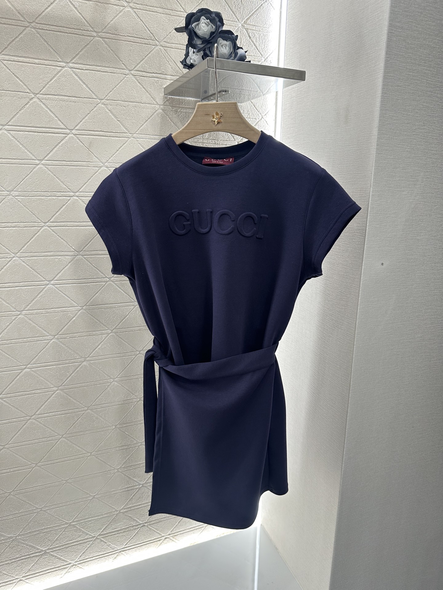 Gucci 2025 New Arrival Short-Sleeve Cotton Blend Dress with Belted Waist