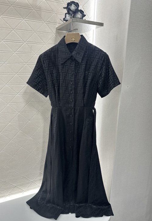 Fendi Jacquard Belted Midi Dress - Elegant Short Sleeve Shirt Dress 1 Fendi Jacquard Belted Midi Dress - Elegant Short Sleeve Shirt Dress