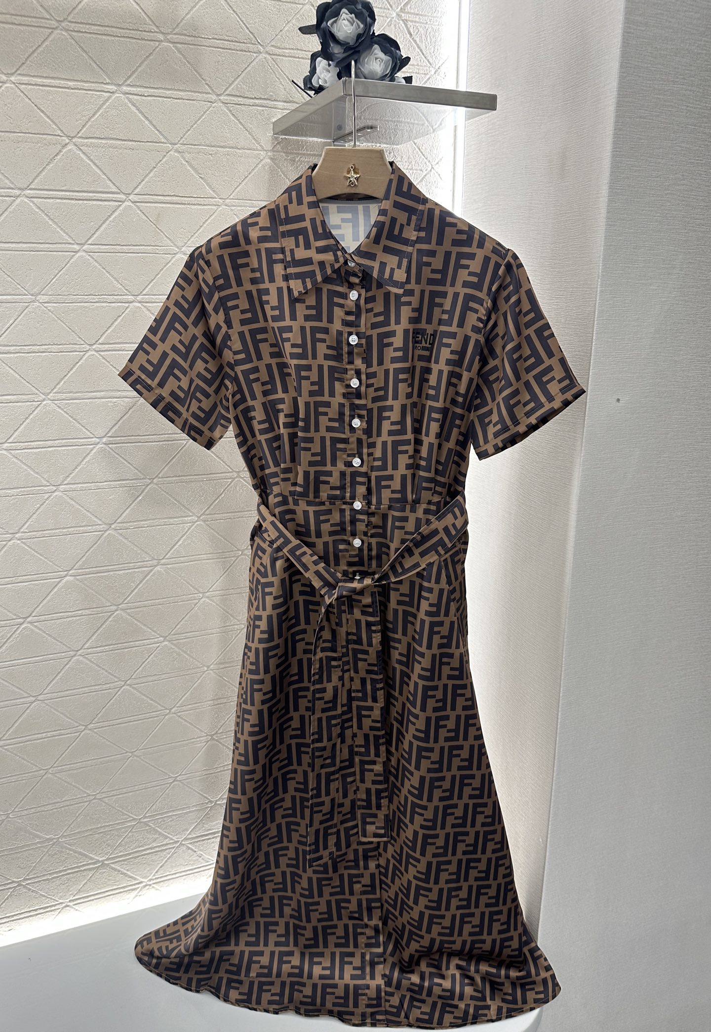 Fendi Brown Jacquard Belted Shirt Dress, Elegant Midi Dress with FF Logo
