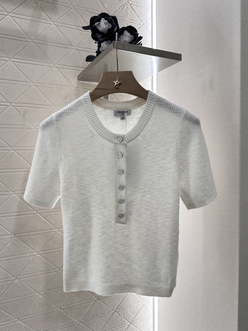 Chanel Women's Ribbed Knit Short Sleeve Top with Button Detail 1 Chanel Women's Ribbed Knit Short Sleeve Top with Button Detail