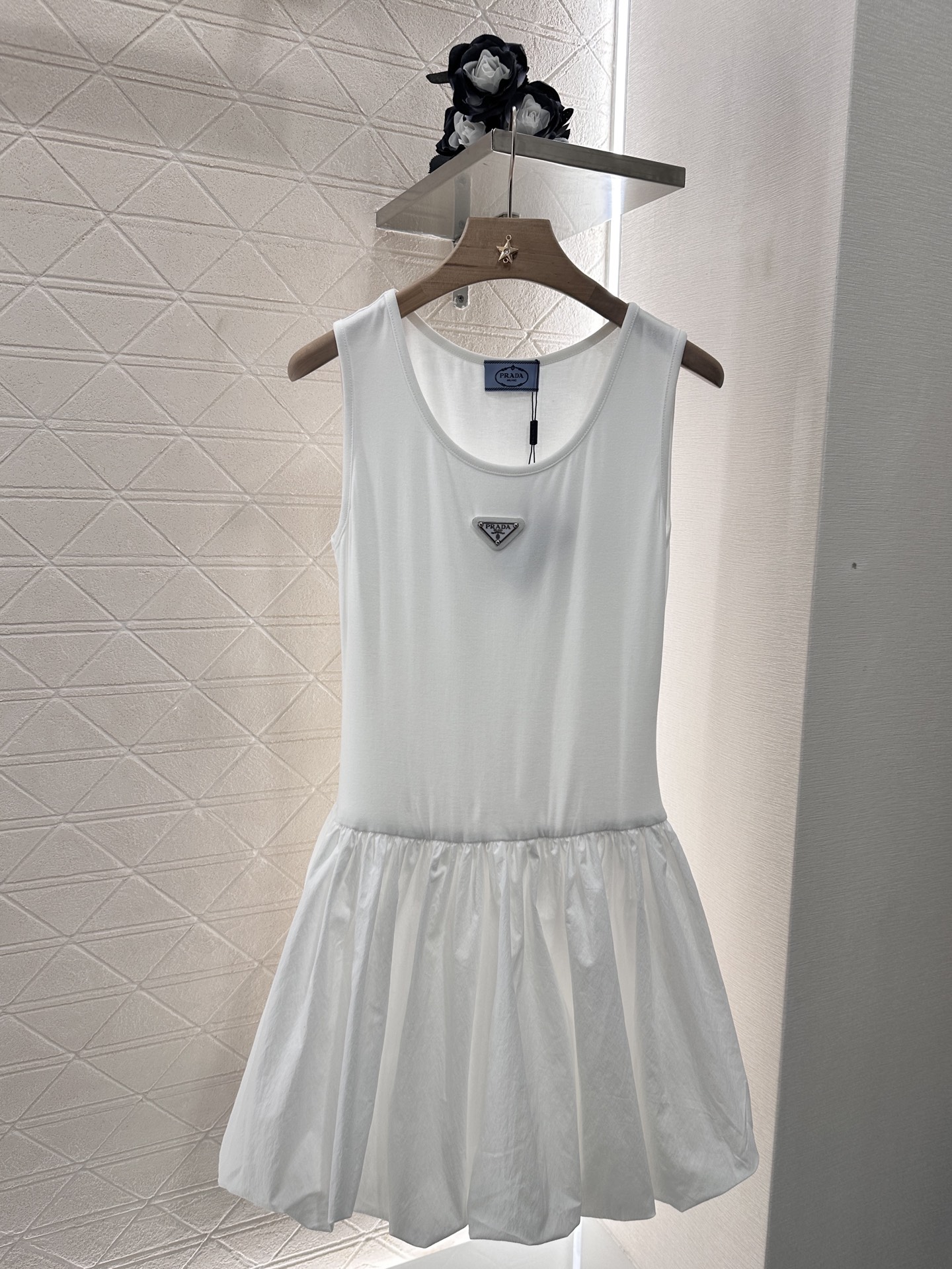 Prada Sleeveless Mini Dress, Elastic Waist, Pleated Hem - Modern & Chic