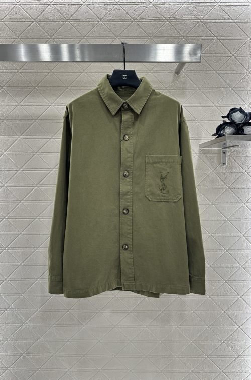 Saint Laurent Moss Green Twill Cotton Overshirt with Embroidered Pocket 1 Saint Laurent Moss Green Twill Cotton Overshirt with Embroidered Pocket