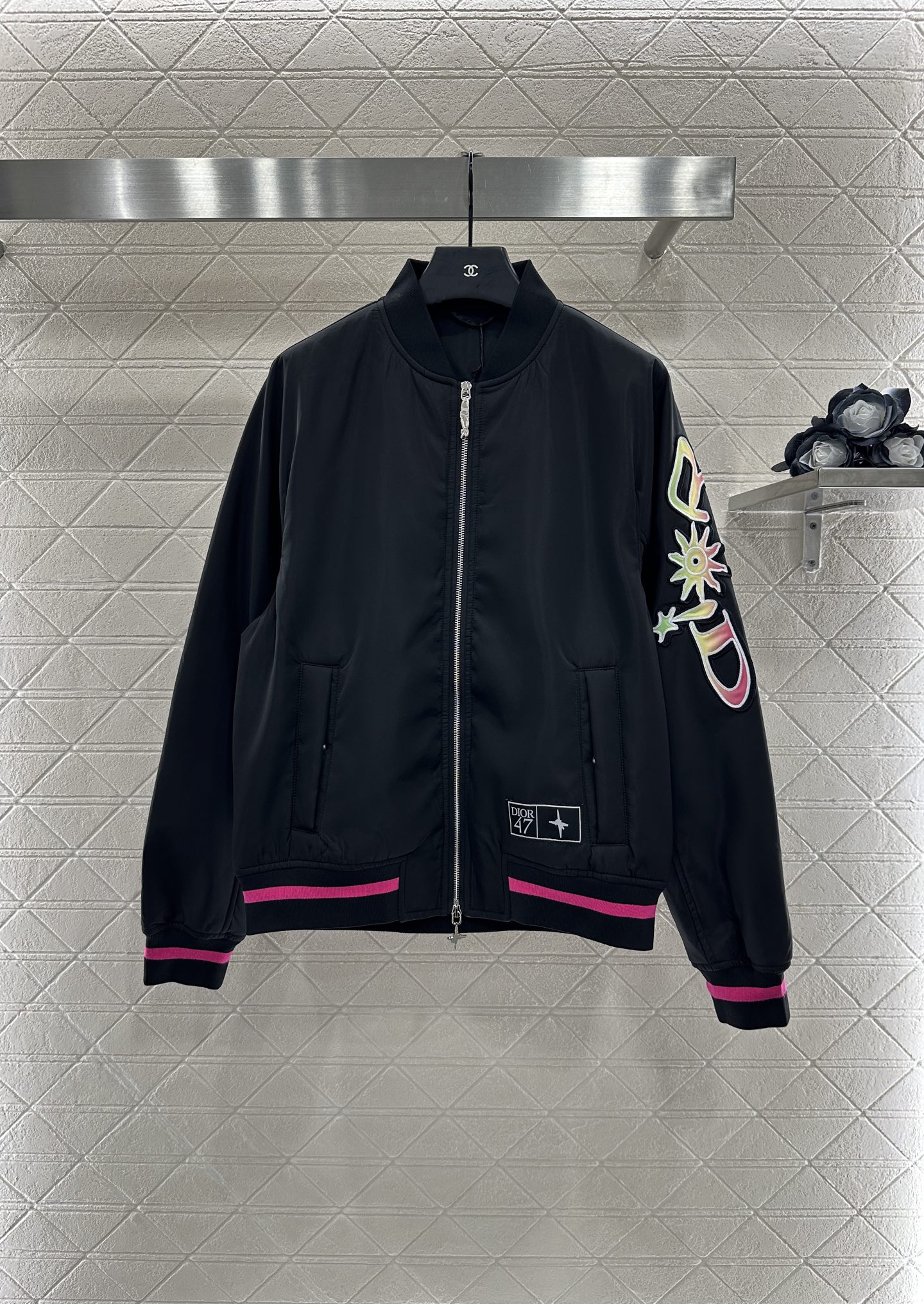 Dior Black Nylon Bomber Jacket with Pink Trim and Multicolor Lettering
