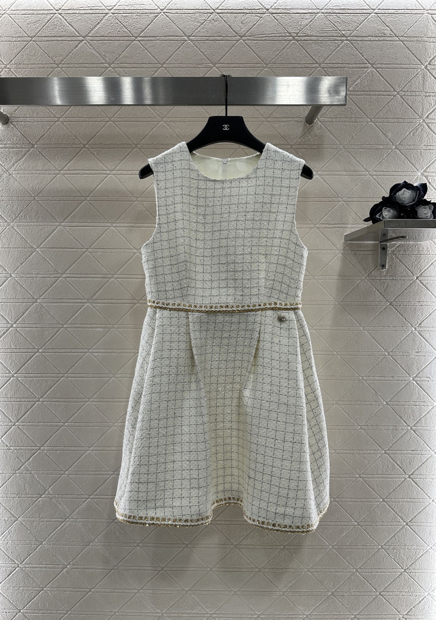 Chanel Inspired Tweed Dress, Sleeveless Wool Blend Mini Dress with Braided Trim