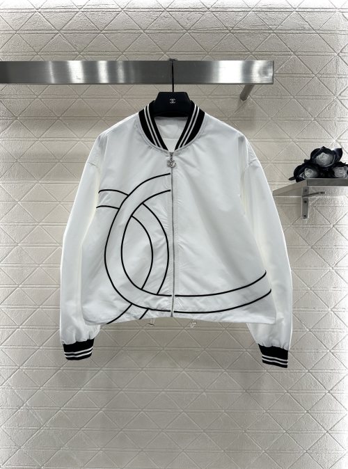 Chanel 2025 White Cotton-Nylon Blend Striped Trim Baseball Jacket 1 Chanel 2025 White Cotton-Nylon Blend Striped Trim Baseball Jacket