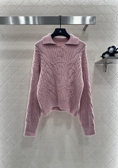 Celine Women's Pink Cashmere Knit Top with Crochet Trim and Triomphe Details