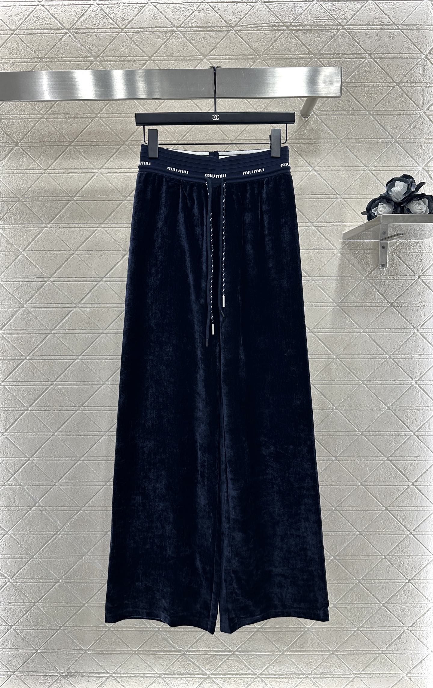 Miu Miu Velvet Wide-Leg Trousers with Drawstring Waist - Comfortable Fit