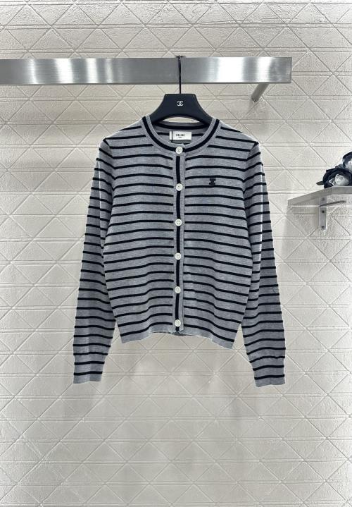 Celine Women's Striped Wool Knit Cardigan, Round Neckline, Tricomphe Emblem 1 Celine Women's Striped Wool Knit Cardigan, Round Neckline, Tricomphe Emblem