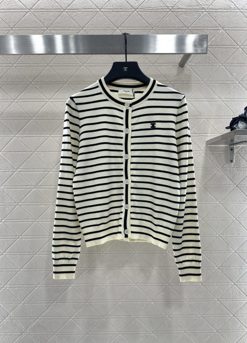 Celine Women's Striped Wool Knit Cardigan with Round Neck - Designer Style 1 Celine Women's Striped Wool Knit Cardigan with Round Neck - Designer Style