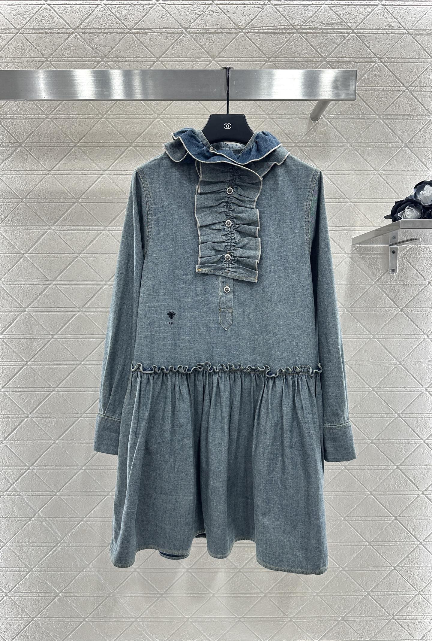 Dior Denim Mini Dress with Ruffle Trim, Long Sleeves, and Button Closure