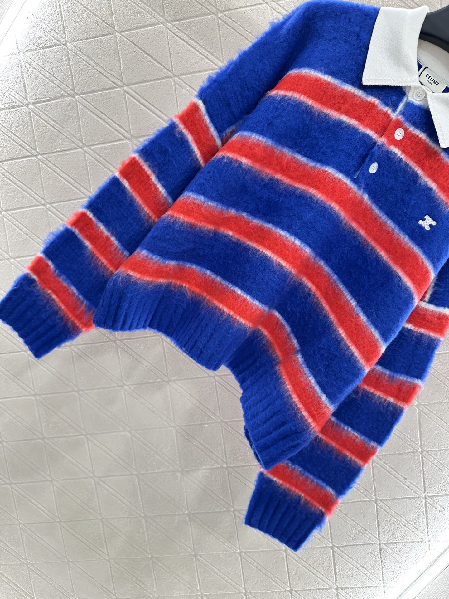 Celine Women's Striped Cotton-Blend Knit Polo Sweater, Blue/Red, Long Sleeve 5 i1756564749910 2422 0 4