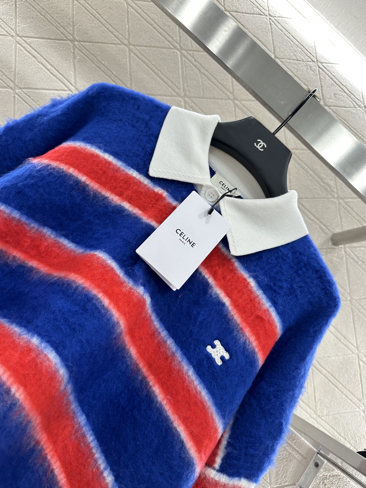 Celine Women's Striped Cotton-Blend Knit Polo Sweater, Blue/Red, Long Sleeve 4 i1756564750026 7418 0 2