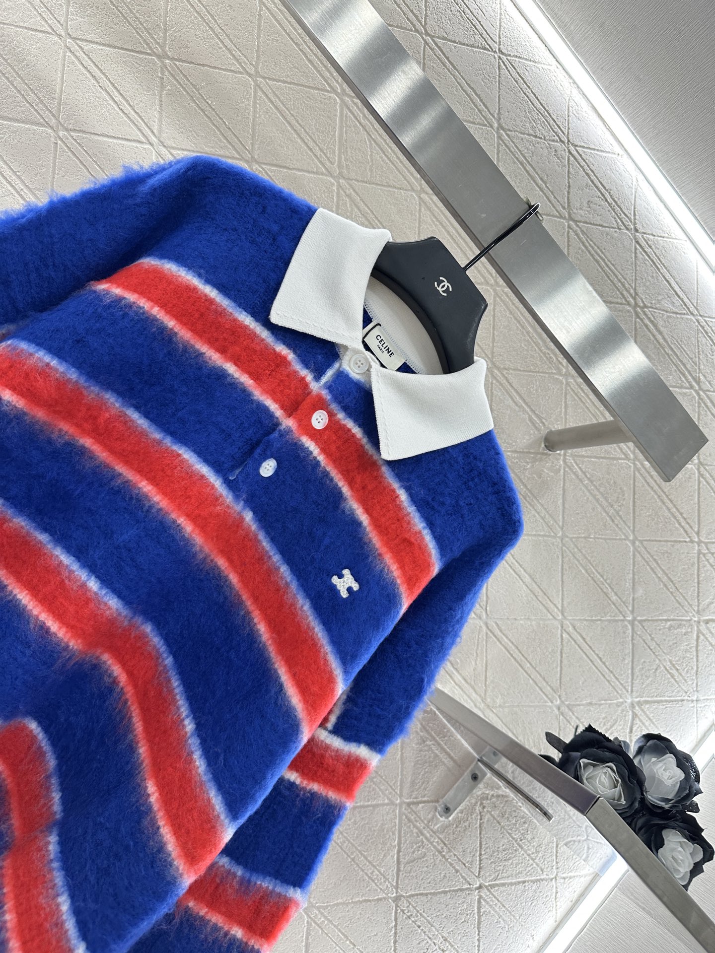Celine Women's Striped Cotton-Blend Knit Polo Sweater, Blue/Red, Long Sleeve 7 i1756564750029 4893 0 3