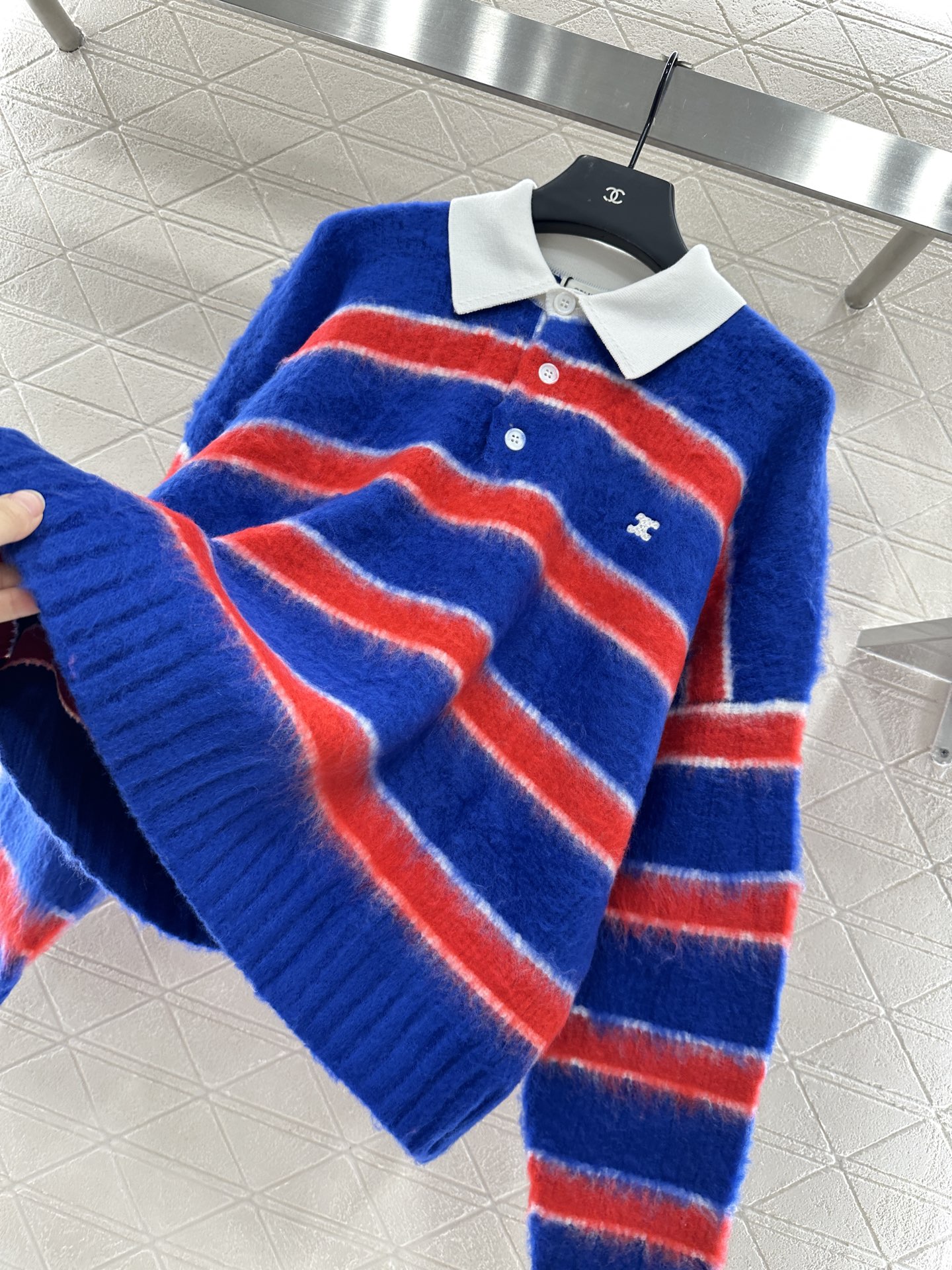 Celine Women's Striped Cotton-Blend Knit Polo Sweater, Blue/Red, Long Sleeve 6 i1756564750076 9137 0 6