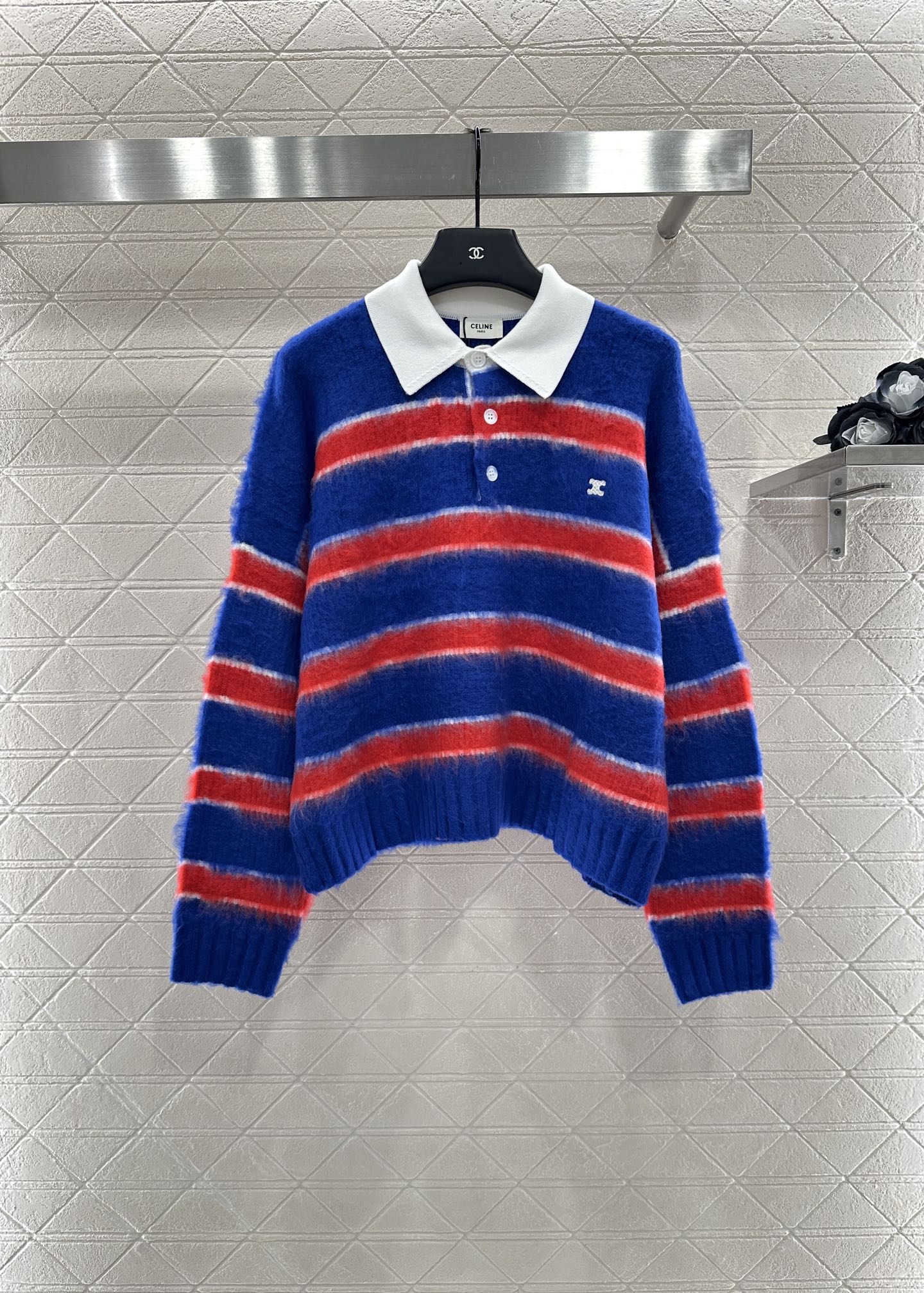 Celine Women's Striped Cotton-Blend Knit Polo Sweater, Blue/Red, Long Sleeve 2 i1756564752312 469 0 0