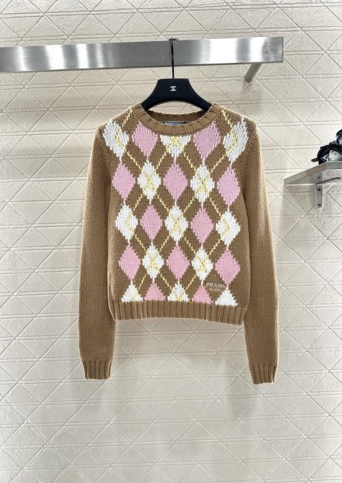 Prada Argyle Knit Sweater, Long Sleeve Wool Blend Pullover 1 Prada Argyle Knit Sweater, Long Sleeve Wool Blend Pullover