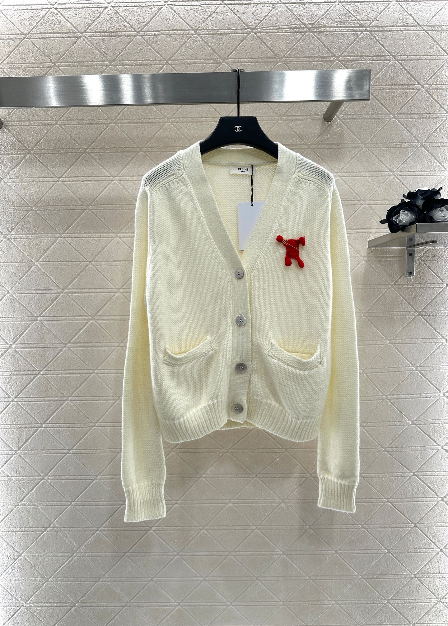 Celine Women's Cream Wool Knit Cardigan with Red Pin - Relaxed Fit 2 i1756653160706 8350 0 0