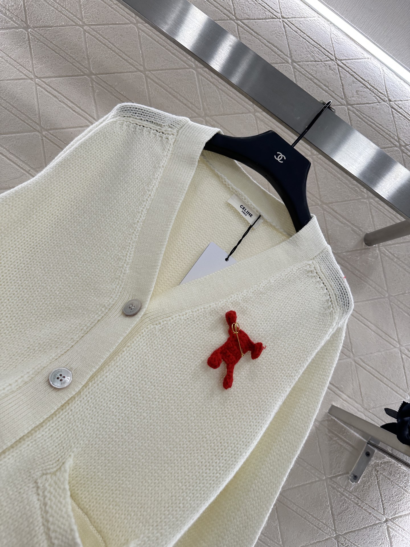 Celine Women's Cream Wool Knit Cardigan with Red Pin - Relaxed Fit 9 i1756653161418 882 0 5