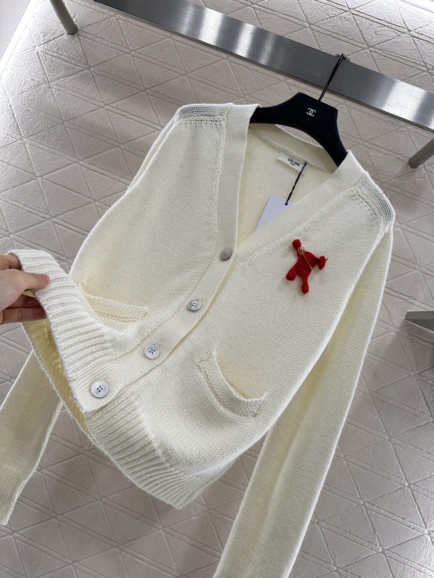 Celine Women's Cream Wool Knit Cardigan with Red Pin - Relaxed Fit 7 i1756653161698 5741 0 6