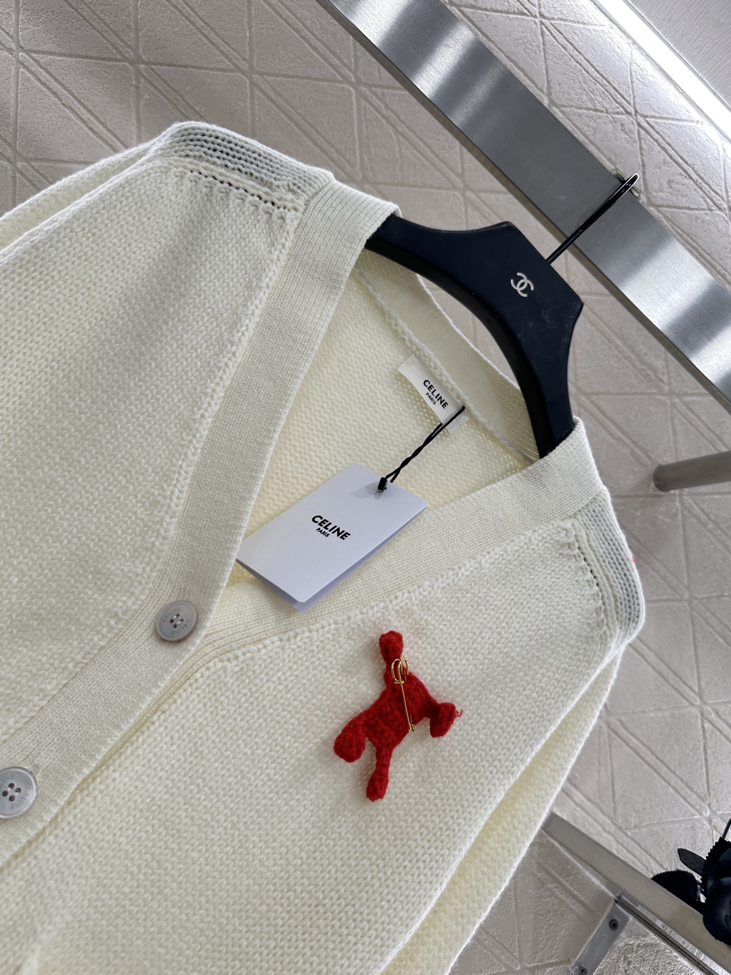 Celine Women's Cream Wool Knit Cardigan with Red Pin - Relaxed Fit 4 i1756653163612 8427 0 2
