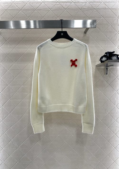 Celine Women's Wool Knit Sweater with Pin Logo Relaxed Fit Pullover 1 Celine Women's Wool Knit Sweater with Pin Logo Relaxed Fit Pullover