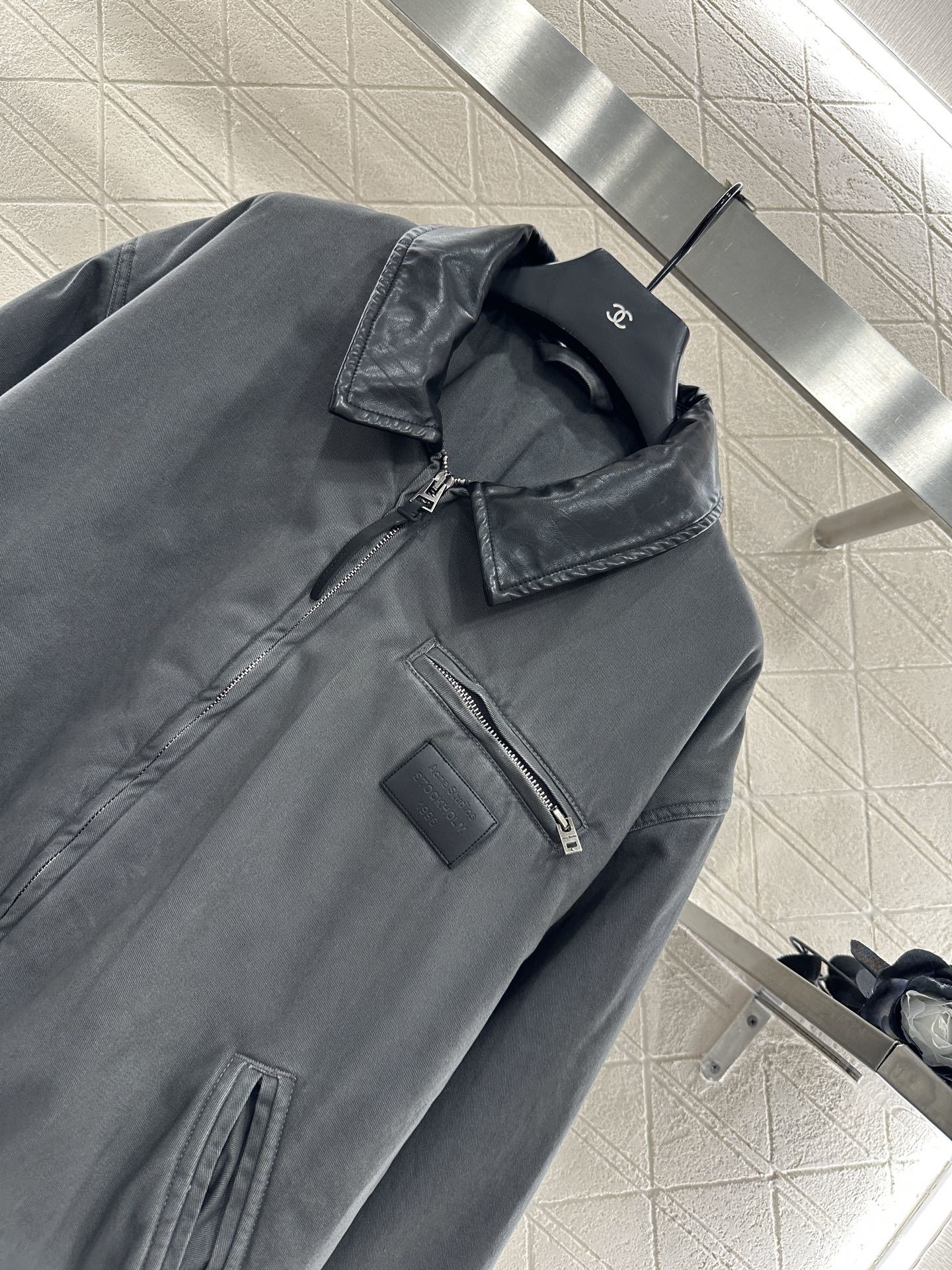 ♥Acne atudio*♥2025新品上架 拼皮翻领牛仔羽绒棉服定制YB斜纹棉牛仔材质 翻领拉链夹克外