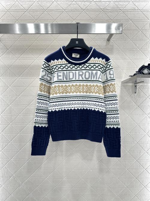 Fendi Roma Wool Sweater, Nordic Style, Crew Neck, Long Sleeves, Navy Blue 1 Fendi Roma Wool Sweater, Nordic Style, Crew Neck, Long Sleeves, Navy Blue
