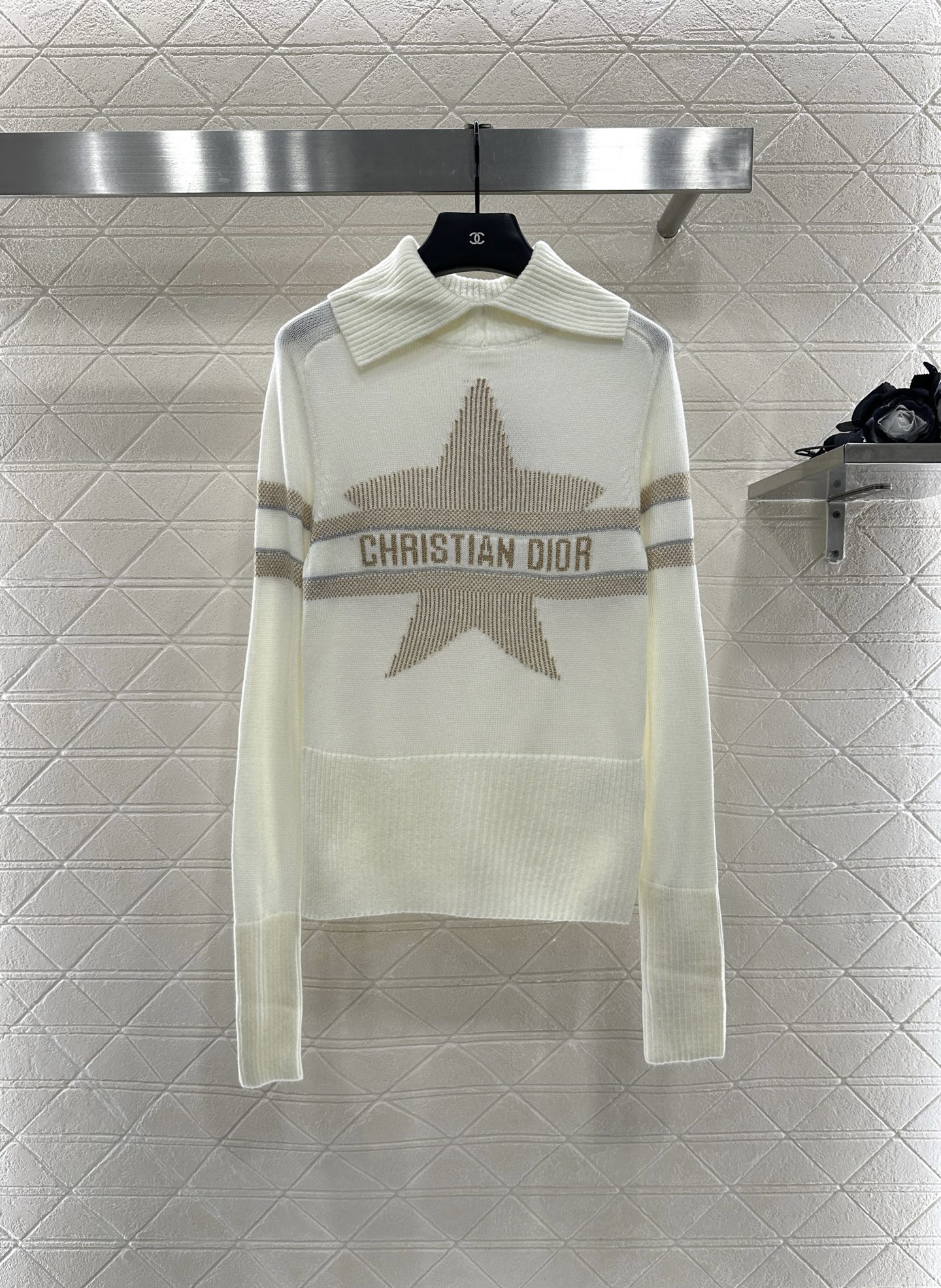 Dior Women's White Wool & Cashmere Knit Sweater with Star and Logo Details