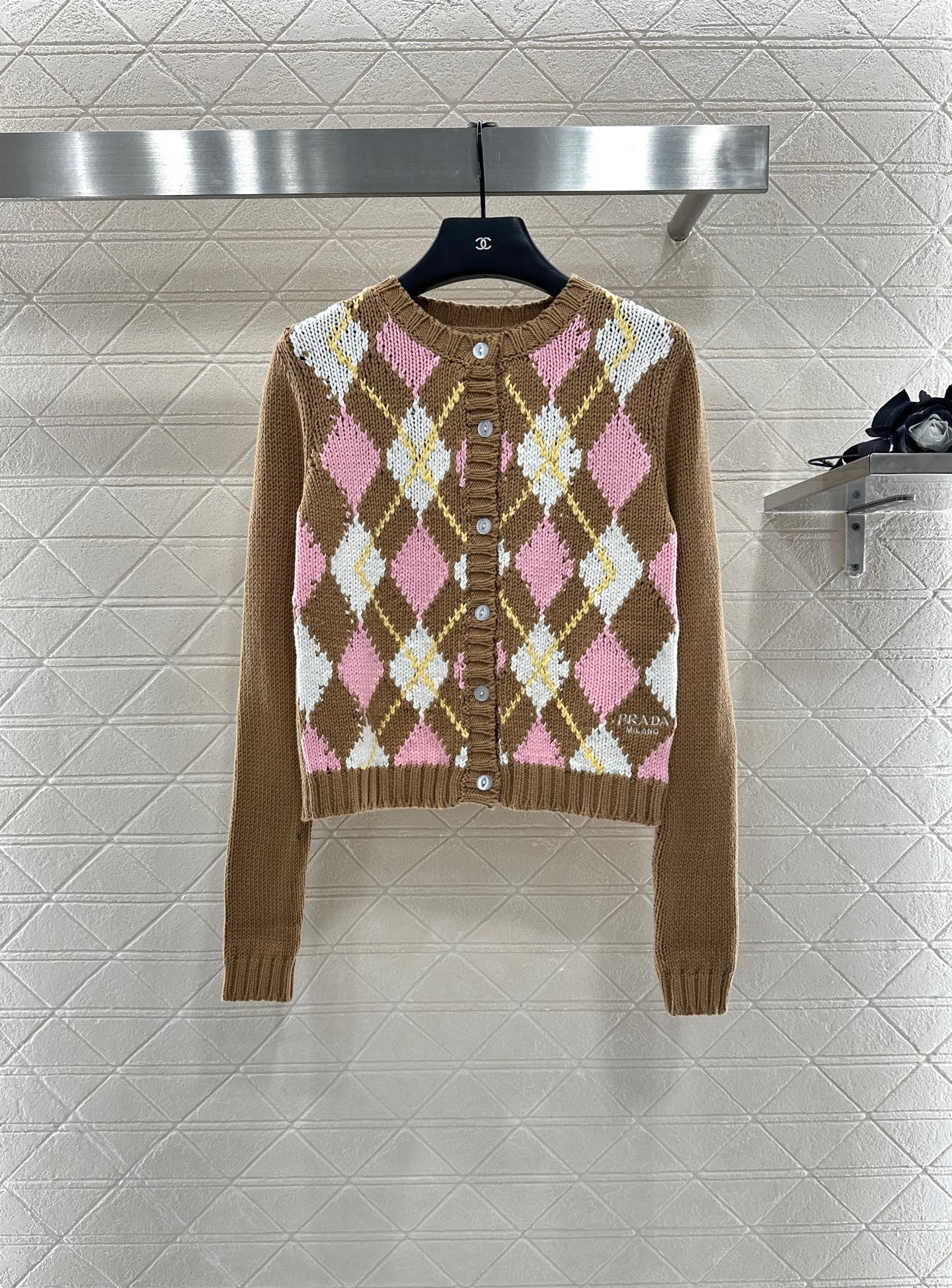 Prada Argyle Wool Knit Cardigan Sweater, Long Sleeve, Slim Fit, and Soft Fabric