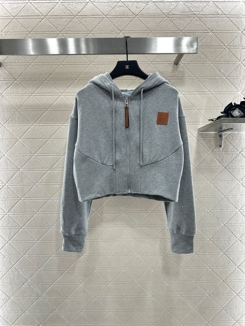 Loewe Women's Gray Cotton Blend Zip-Up Hoodie with Leather Logo Patch 1 Loewe Women's Gray Cotton Blend Zip-Up Hoodie with Leather Logo Patch