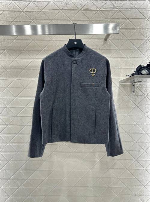 Dior Women's Gray Wool Jacket With CD Brooch, Elegant Stand Collar Coat 1 Dior Women's Gray Wool Jacket With CD Brooch, Elegant Stand Collar Coat